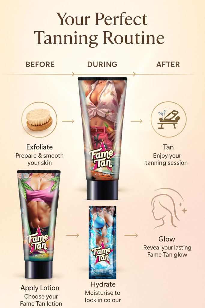 Visual timeline showing five steps of the Fame Tan tanning routine: exfoliate, apply lotion, tan, hydrate, and glow – for a smooth and long-lasting tan