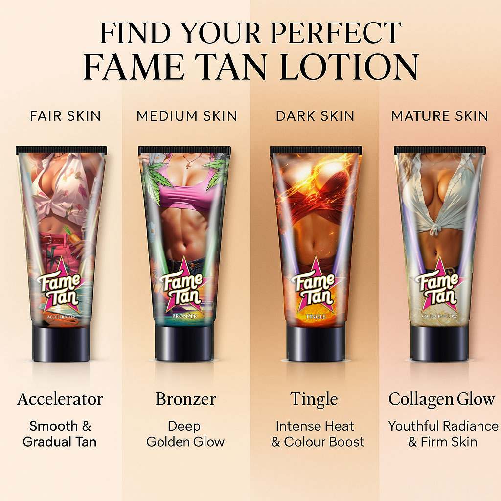 Fame Tan tanning lotions arranged in a 4-section skin-tone matrix showing the best products for Fair, Medium, Dark and Mature skin